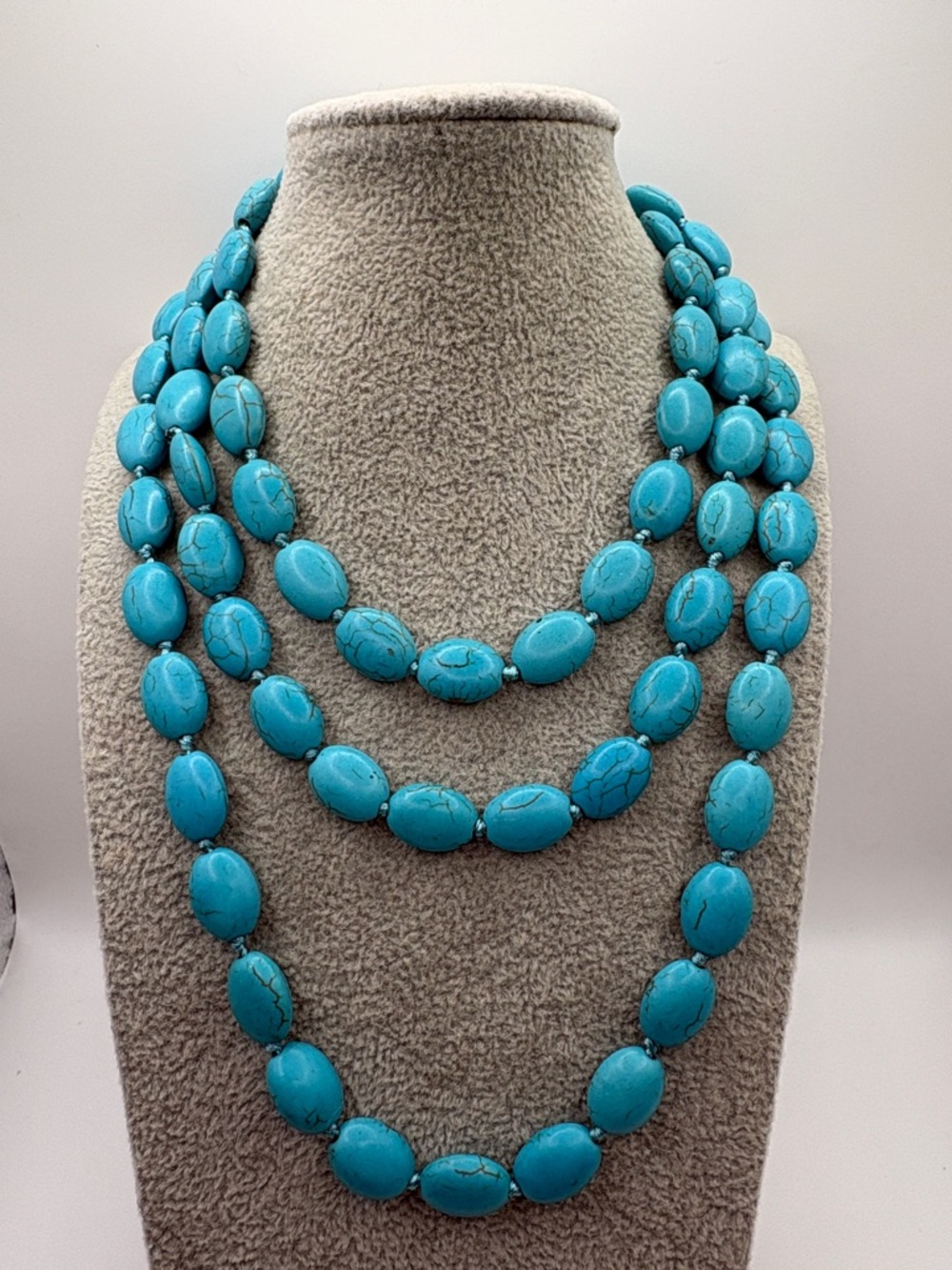 Vintage Turquoise 44” Knotted Statement Necklace Boho Southwestern Blue